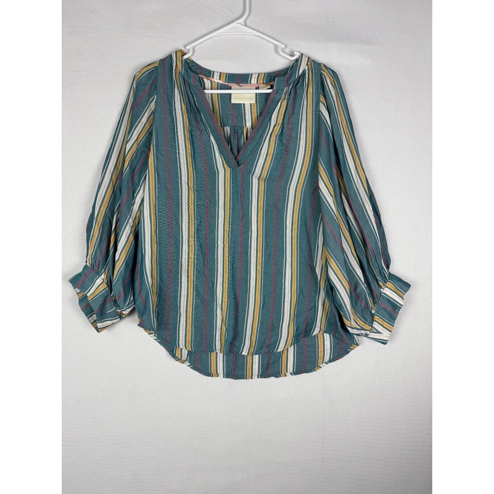 Maeve By Anthropologie Blouse Womens XS Striped V Neck‎ Roll Sleeve Rayon Boho